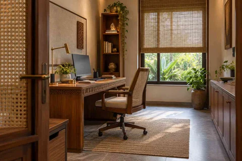AI-generated home office concept: quiet enclosed study, teak craft direction