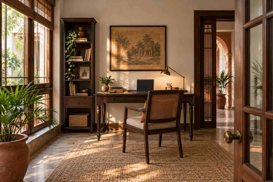 AI-generated home office concept: quiet enclosed study, terracotta heritage direction