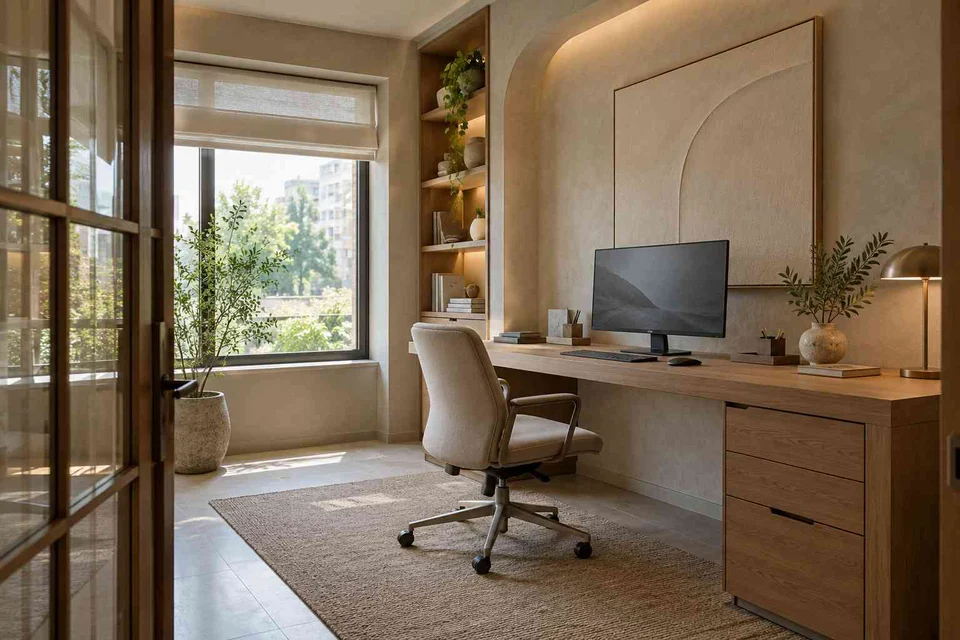 AI-generated home office concept: quiet enclosed study, textured mineral direction