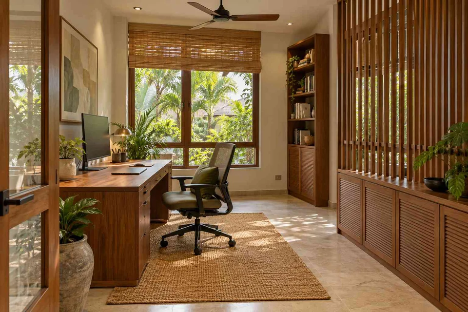 AI-generated home office concept: quiet enclosed study, tropical slatted direction