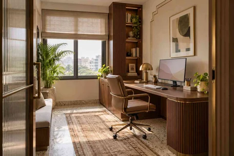 AI-generated home office concept: quiet enclosed study, urban deco direction