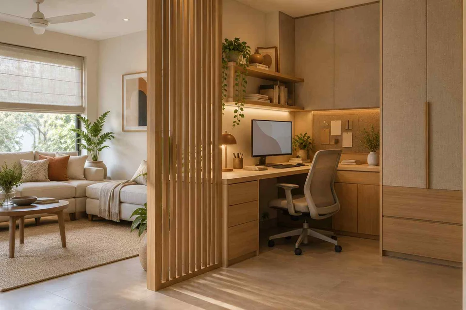 AI-generated home office concept: screened family work nook, ash and linen direction