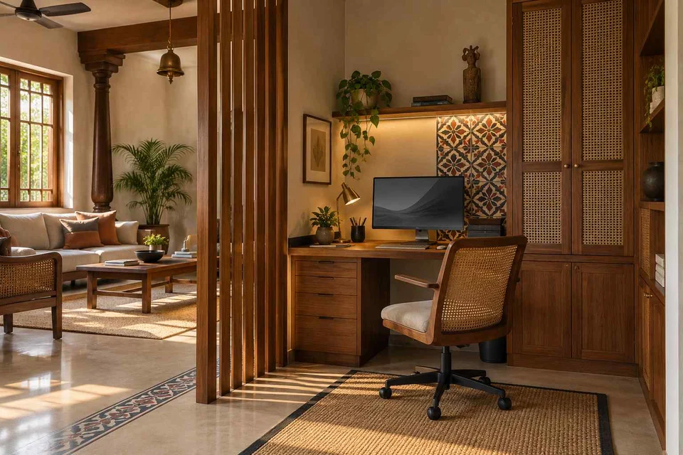 AI-generated home office concept: screened family work nook, chettinad tile direction