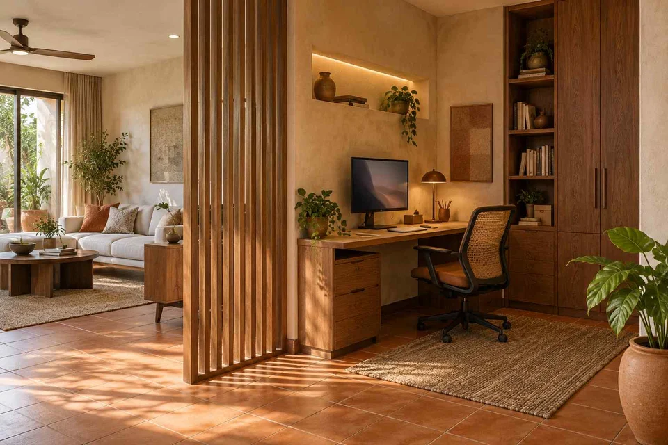 AI-generated home office concept: screened family work nook, clay artisan direction