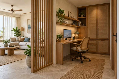 AI-generated home office concept: screened family work nook, coastal woven direction