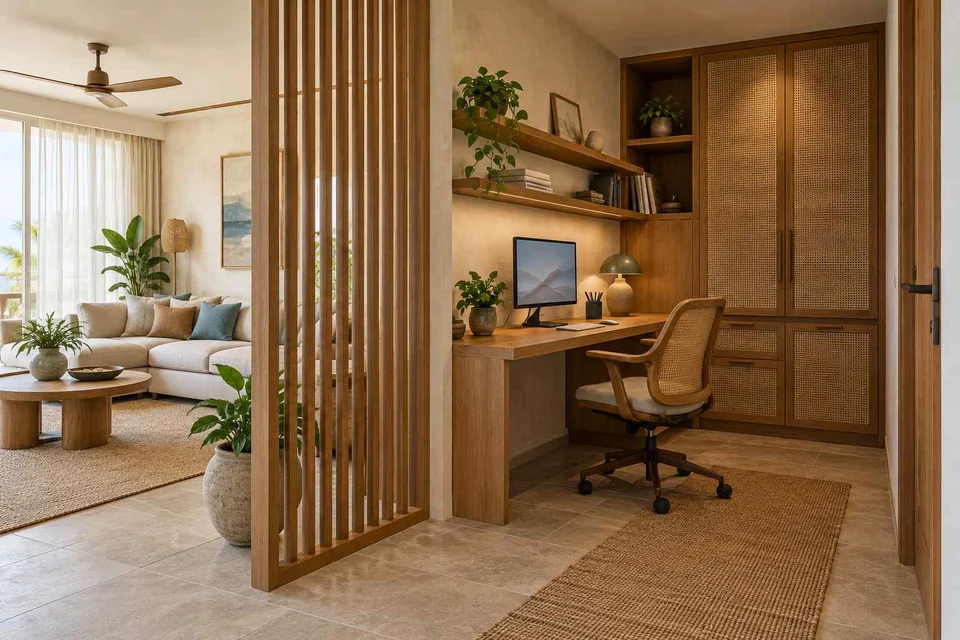 AI-generated home office concept: screened family work nook, coastal woven direction