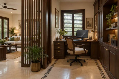 AI-generated home office concept: screened family work nook, colonial quiet direction