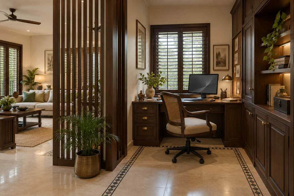 AI-generated home office concept: screened family work nook, colonial quiet direction