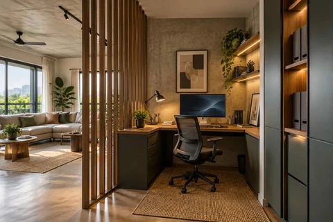 AI-generated home office concept: screened family work nook, concrete and oak direction