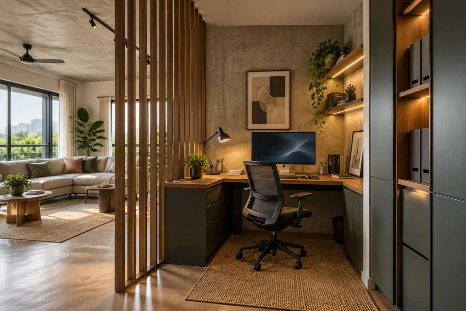 AI-generated home office concept: screened family work nook, concrete and oak direction
