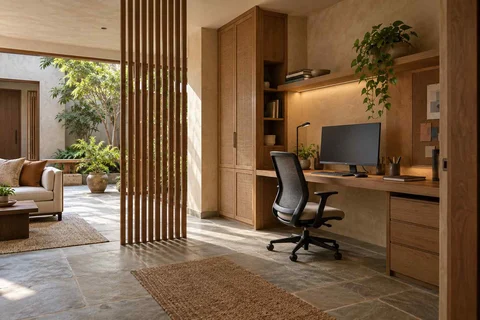AI-generated home office concept: screened family work nook, courtyard modern direction