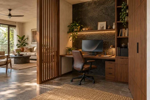 AI-generated home office concept: screened family work nook, deccan stone direction