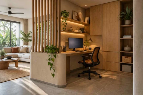 AI-generated home office concept: screened family work nook, earth and bamboo direction