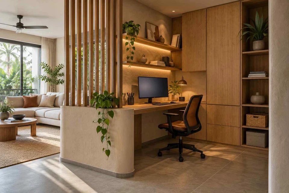 AI-generated home office concept: screened family work nook, earth and bamboo direction