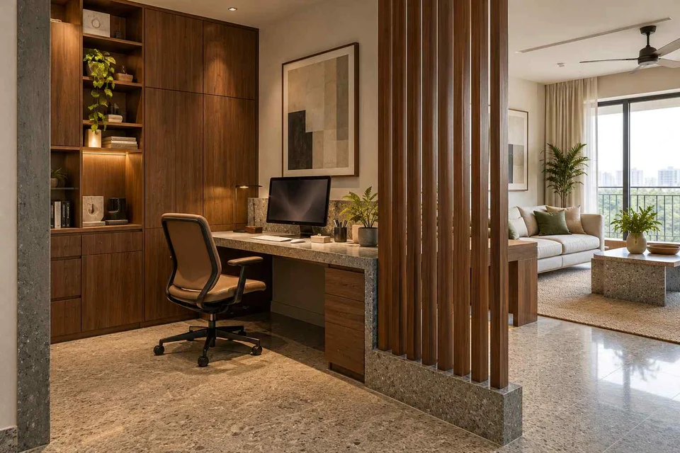 AI-generated home office concept: screened family work nook, granite precision direction