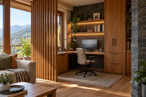 AI-generated home office concept: screened family work nook, hill timber direction