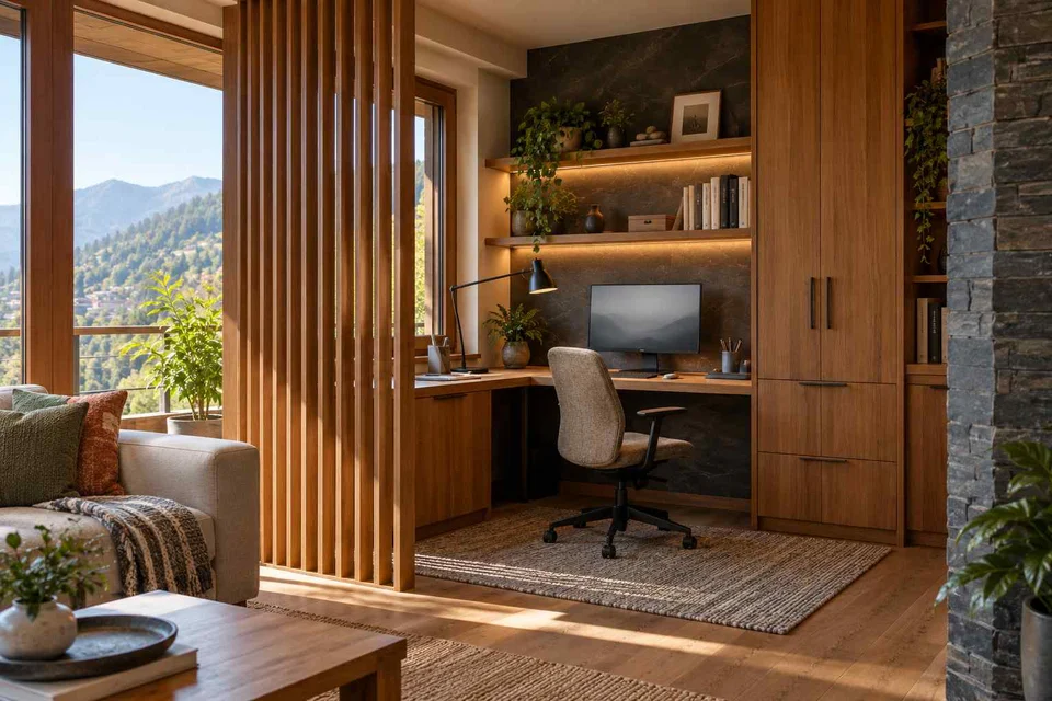 AI-generated home office concept: screened family work nook, hill timber direction