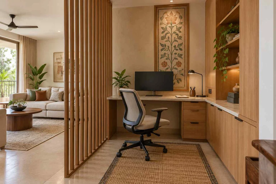AI-generated home office concept: screened family work nook, inlay atelier direction