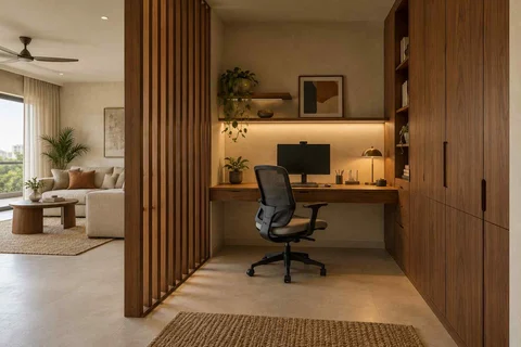 AI-generated home office concept: screened family work nook, lime and walnut direction