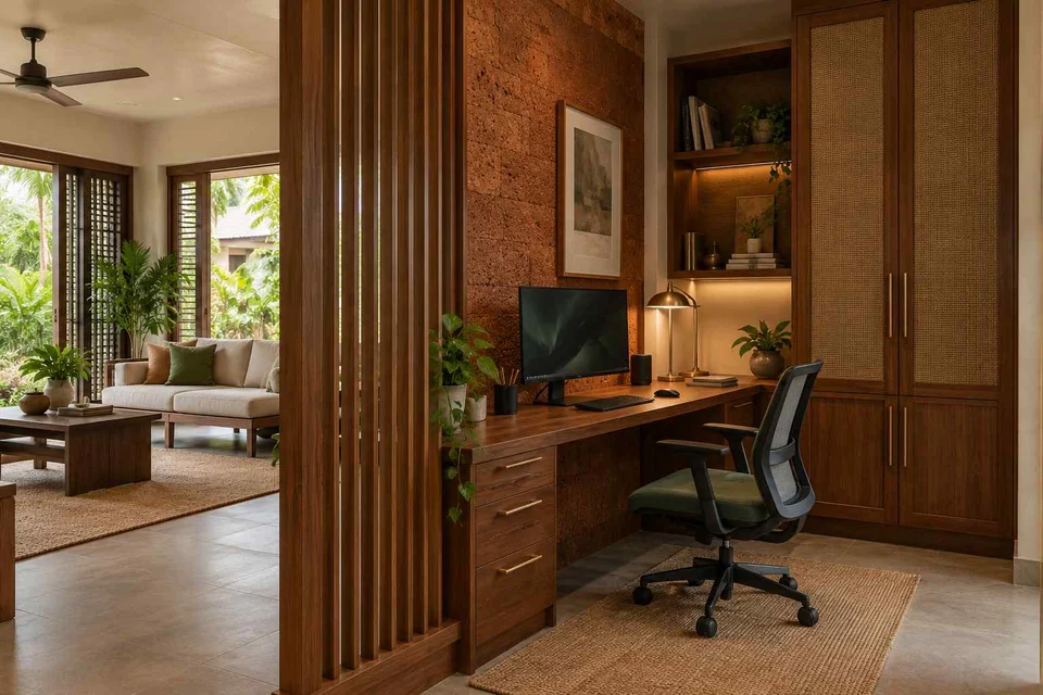 AI-generated home office concept: screened family work nook, malabar timber direction