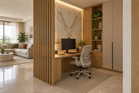 AI-generated home office concept: screened family work nook, marble restraint direction