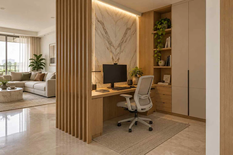 AI-generated home office concept: screened family work nook, marble restraint direction