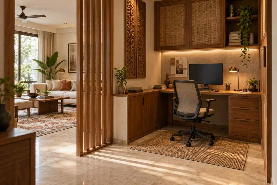 AI-generated home office concept: screened family work nook, modern carved direction