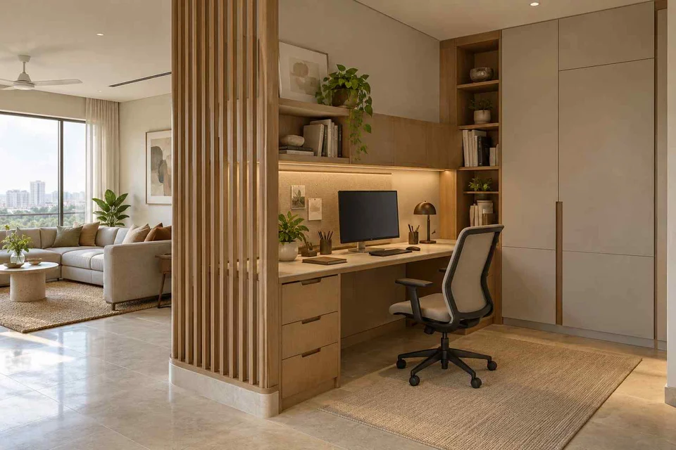 AI-generated home office concept: screened family work nook, quiet contemporary direction