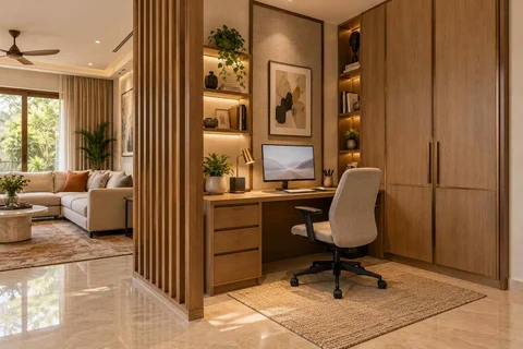 AI-generated home office concept: screened family work nook, quiet transitional direction