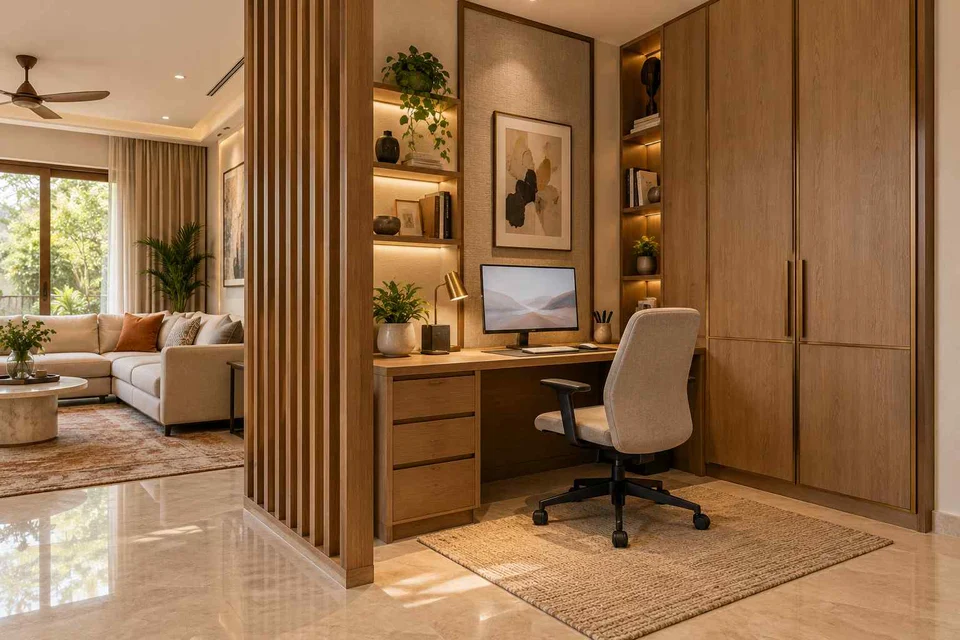 AI-generated home office concept: screened family work nook, quiet transitional direction