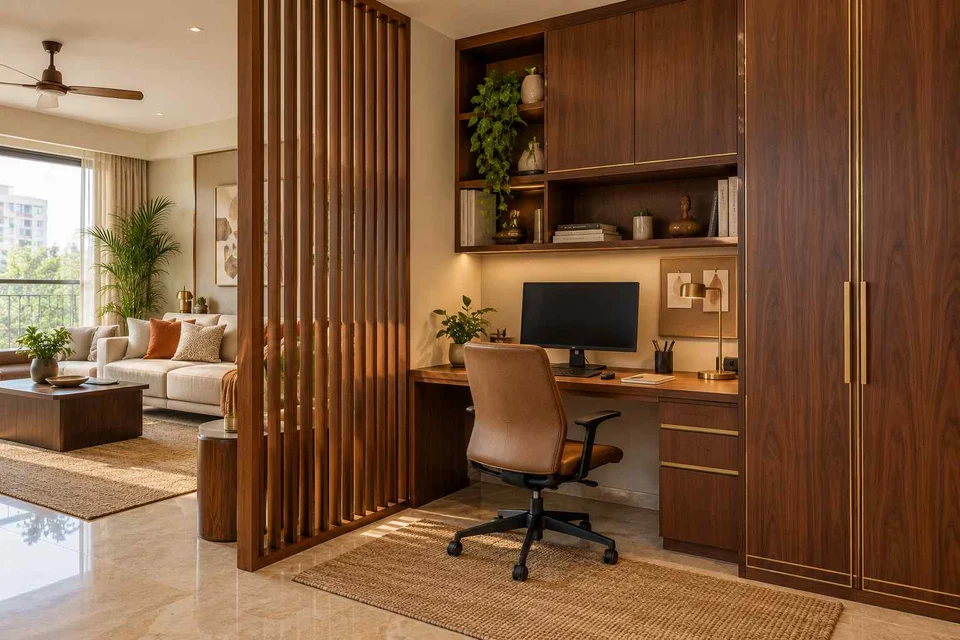 AI-generated home office concept: screened family work nook, rosewood brass direction