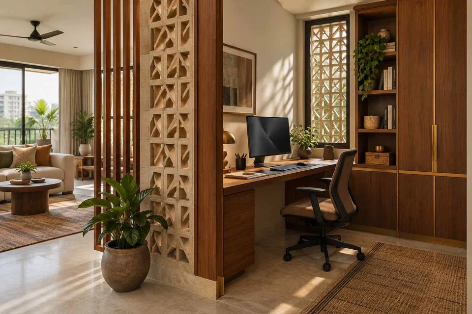 AI-generated home office concept: screened family work nook, sandstone lattice direction