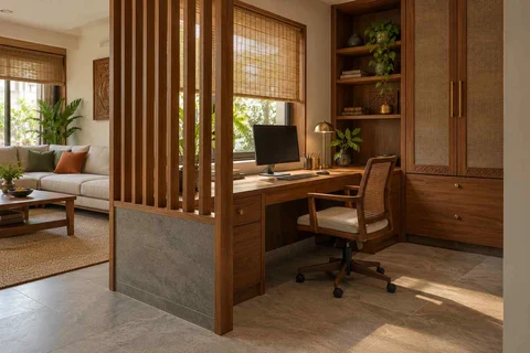 AI-generated home office concept: screened family work nook, teak craft direction