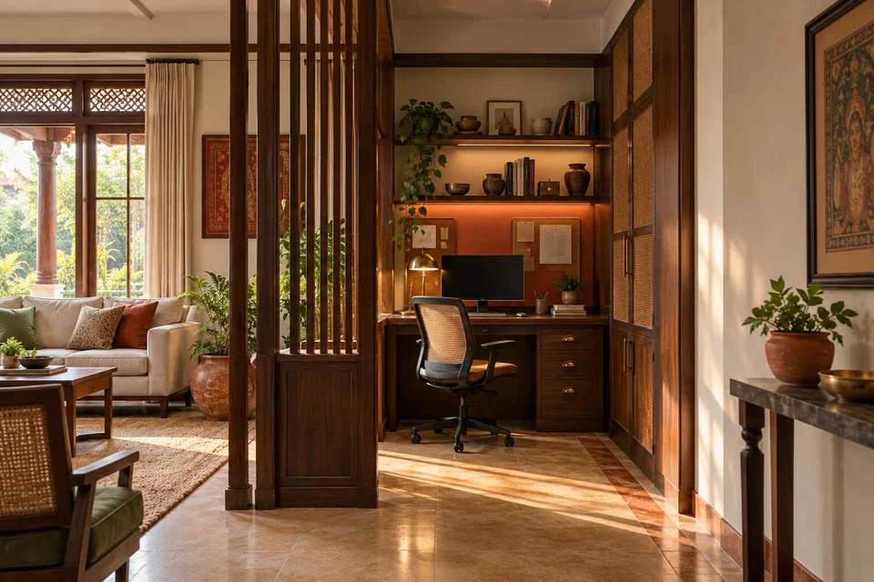 AI-generated home office concept: screened family work nook, terracotta heritage direction