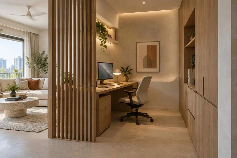 AI-generated home office concept: screened family work nook, textured mineral direction
