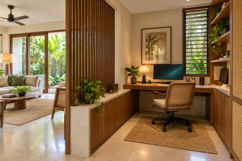 AI-generated home office concept: screened family work nook, tropical slatted direction