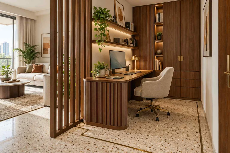 AI-generated home office concept: screened family work nook, urban deco direction