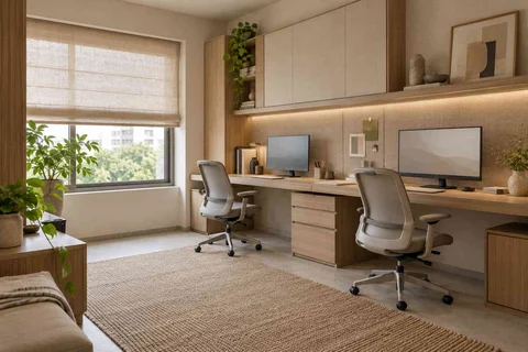 AI-generated home office concept: shared long desk, ash and linen direction