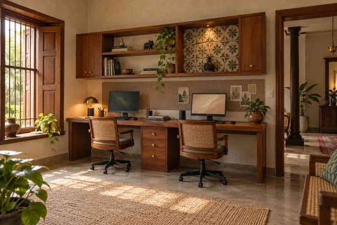 AI-generated home office concept: shared long desk, chettinad tile direction