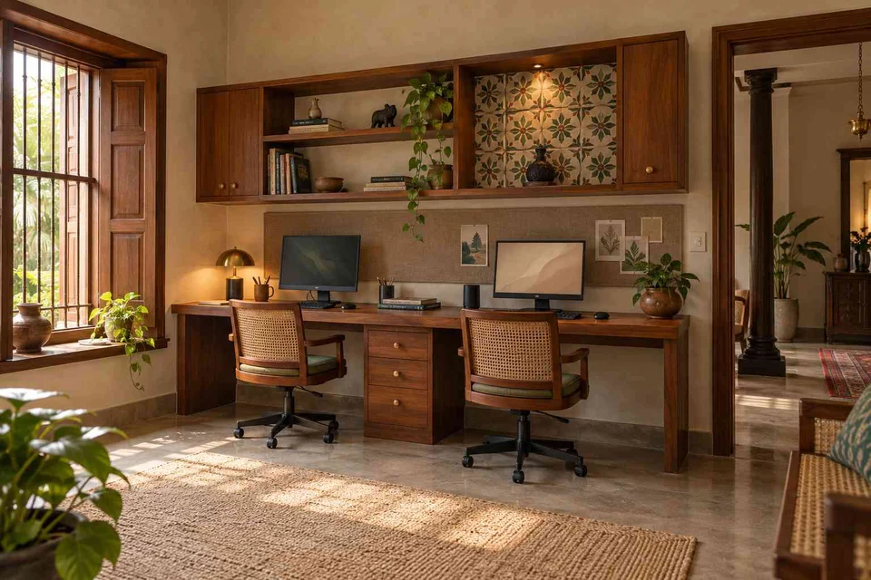 AI-generated home office concept: shared long desk, chettinad tile direction