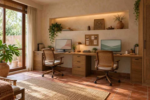 AI-generated home office concept: shared long desk, clay artisan direction