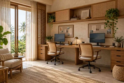 AI-generated home office concept: shared long desk, coastal woven direction