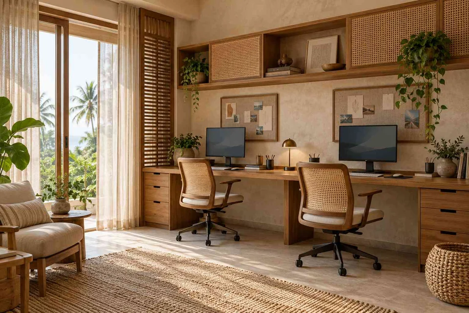 AI-generated home office concept: shared long desk, coastal woven direction