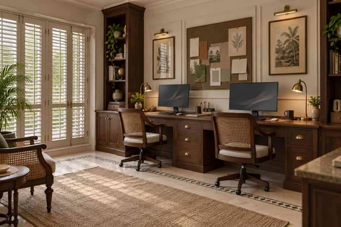 AI-generated home office concept: shared long desk, colonial quiet direction