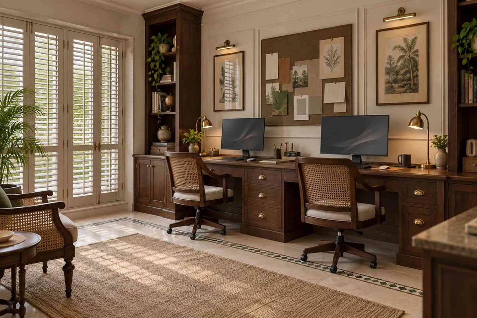 AI-generated home office concept: shared long desk, colonial quiet direction