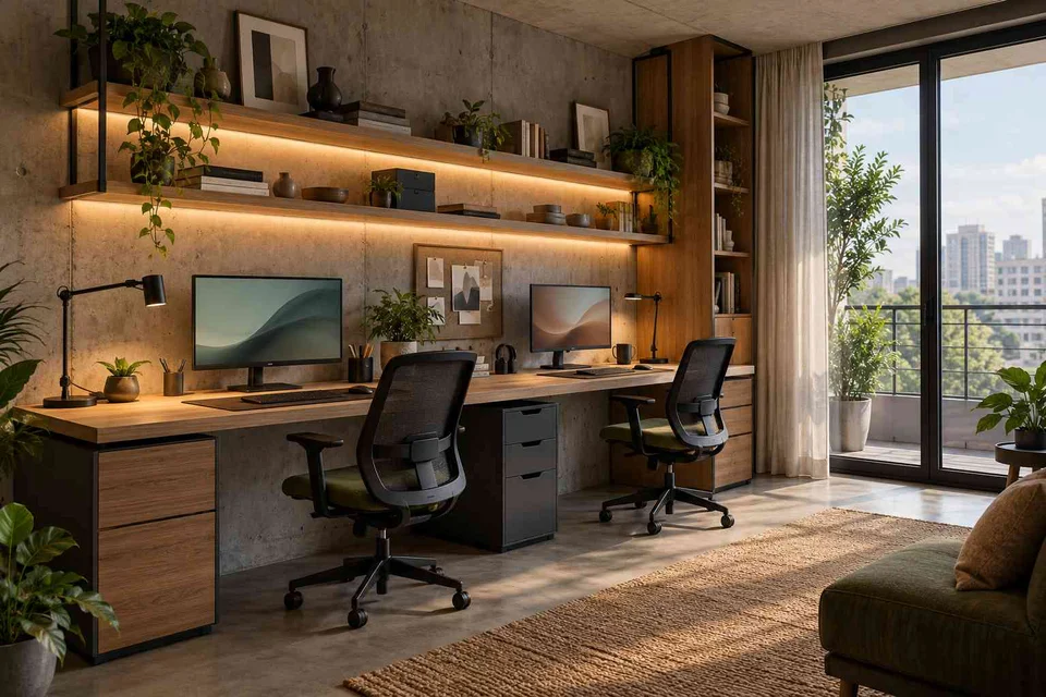 AI-generated home office concept: shared long desk, concrete and oak direction