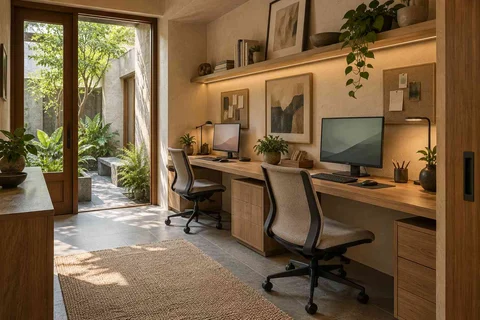AI-generated home office concept: shared long desk, courtyard modern direction