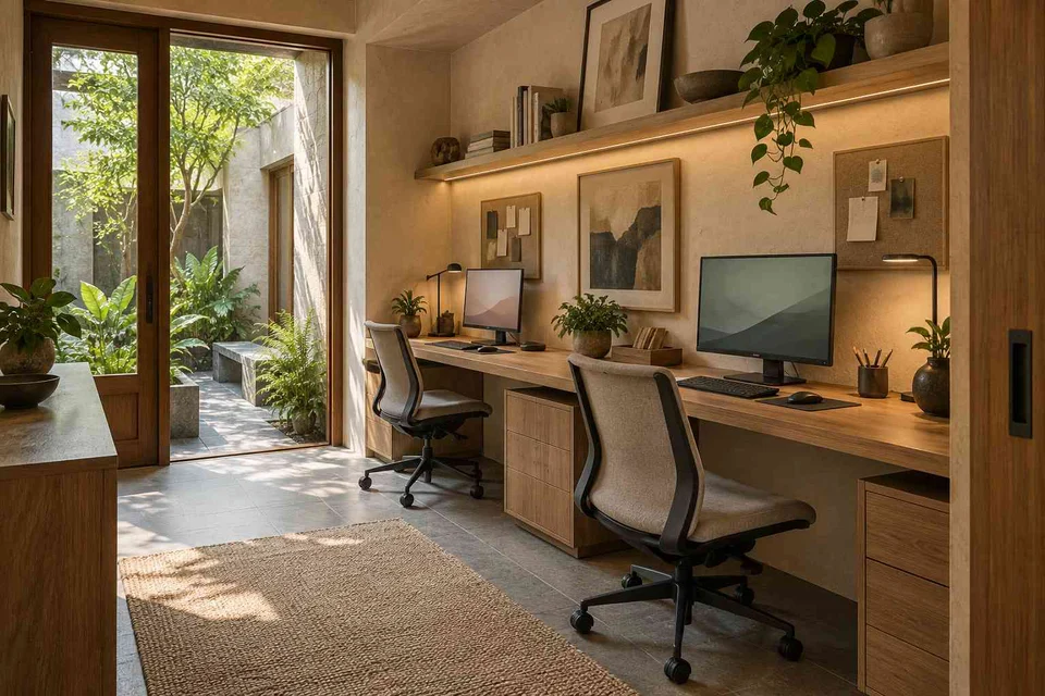 AI-generated home office concept: shared long desk, courtyard modern direction