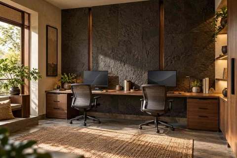AI-generated home office concept: shared long desk, deccan stone direction