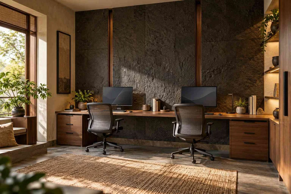 AI-generated home office concept: shared long desk, deccan stone direction